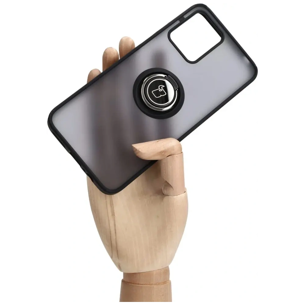 Etui z uchwytem na palec Bizon Case Hybrid Ring do Motorola Moto G13 / G23 / G53 5G przydymione z czarną ramką