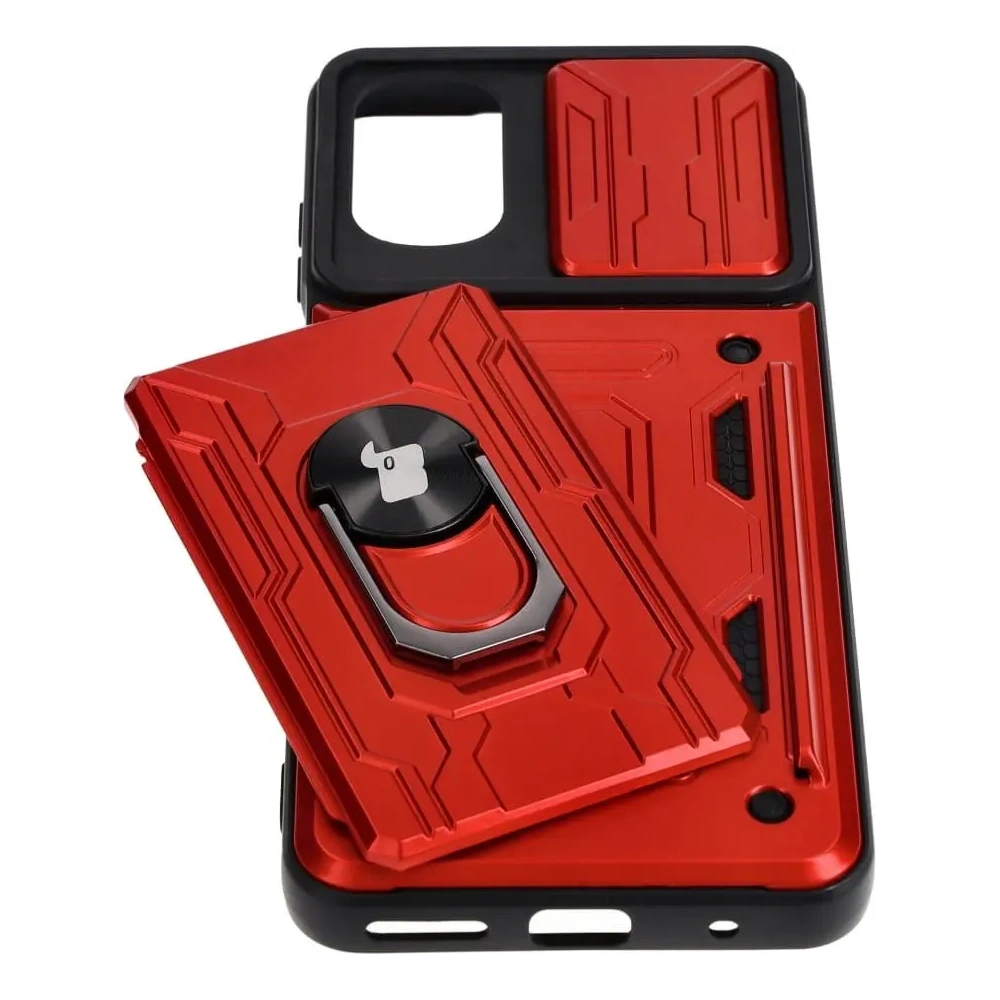 Etui Bizon Case Camshield Card Slot Ring do Moto G22 czerwone