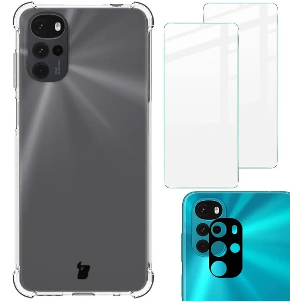 Etui + 2x szkło na ekran + obiektyw Bizon Case Clear Pack do Moto G22 przezroczyste