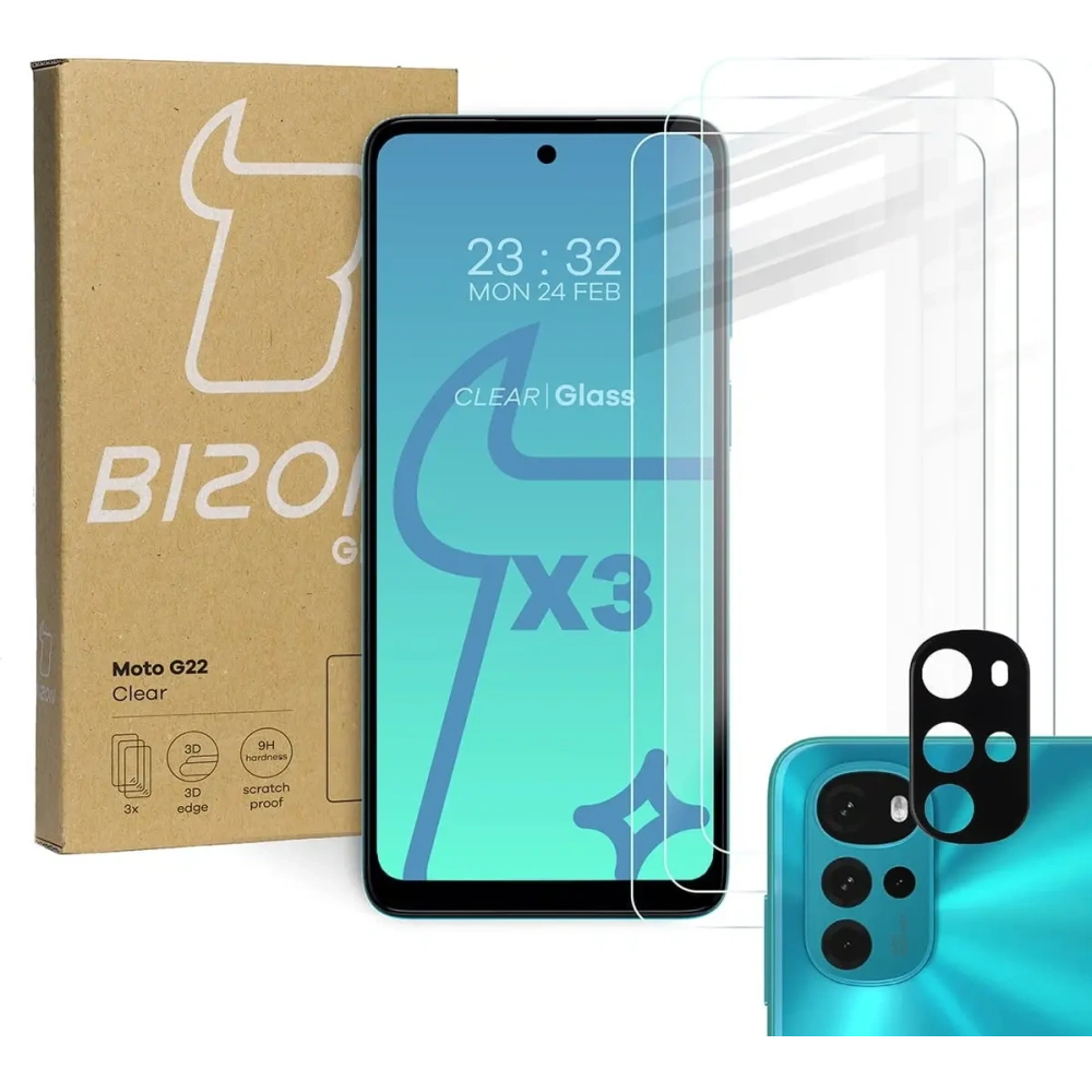 Szkło hartowane Bizon Glass Clear - 3 szt. + obiektyw Motorola Moto G22
