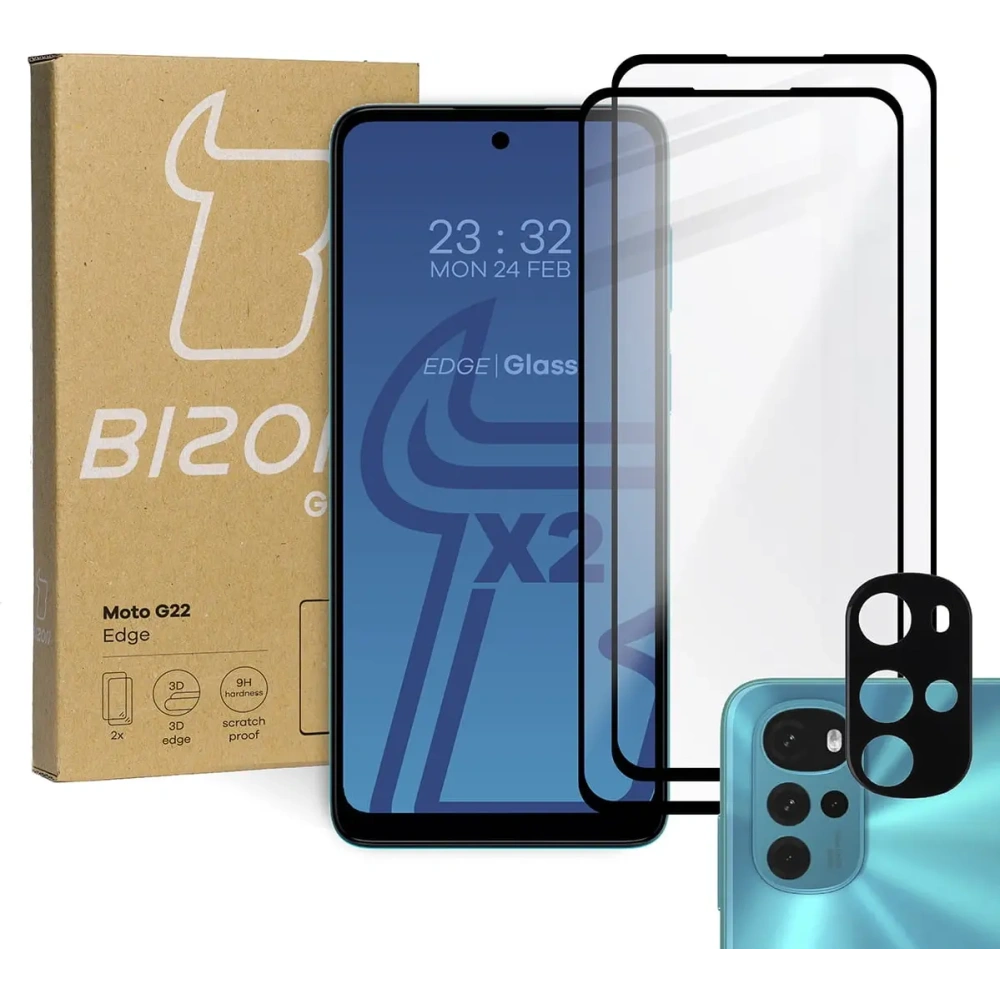 Szkło hartowane Bizon Glass Edge - [2 PACK] + ochrona na obiektyw Motorola Moto G22