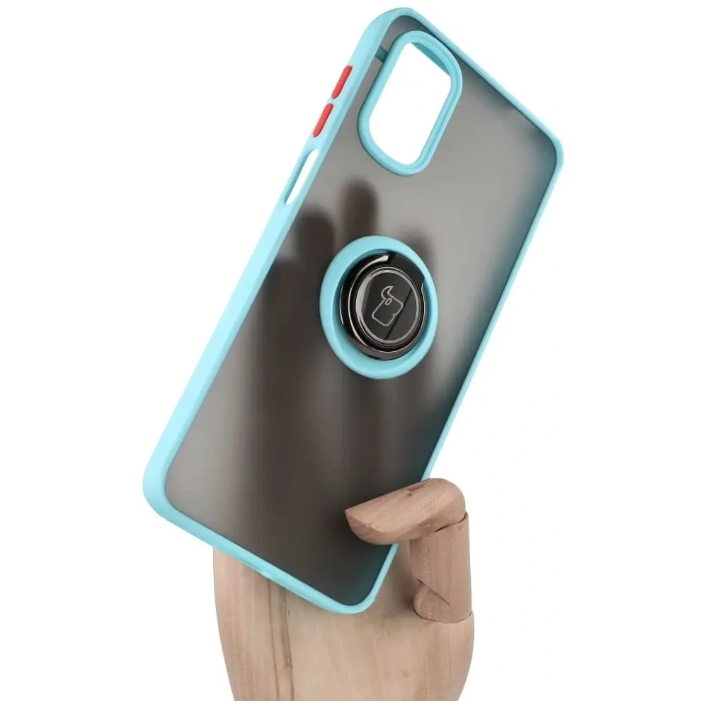 Etui z uchwytem na palec Bizon Case Hybrid Ring do Motorola Moto G22 / E32 / E32s przydymione z jasnoniebieską ramką