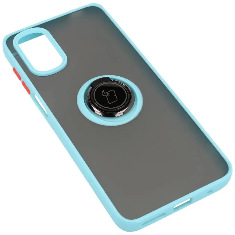 Etui z uchwytem na palec Bizon Case Hybrid Ring do Motorola Moto G22 / E32 / E32s przydymione z jasnoniebieską ramką