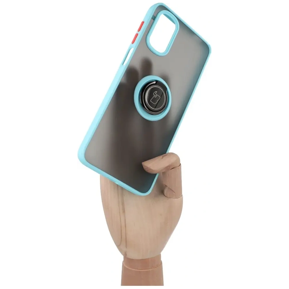 Etui z uchwytem na palec Bizon Case Hybrid Ring do Motorola Moto G22 / E32 / E32s przydymione z jasnoniebieską ramką