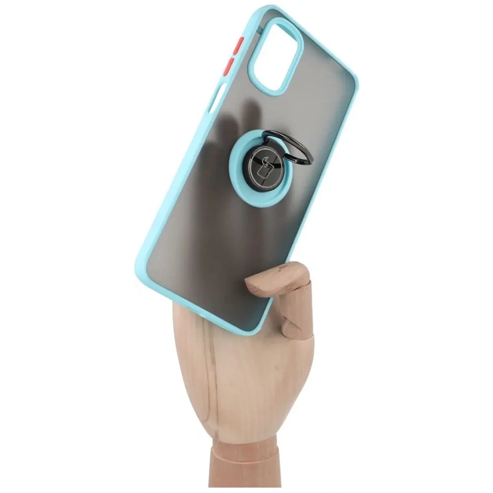 Etui z uchwytem na palec Bizon Case Hybrid Ring do Motorola Moto G22 / E32 / E32s przydymione z jasnoniebieską ramką