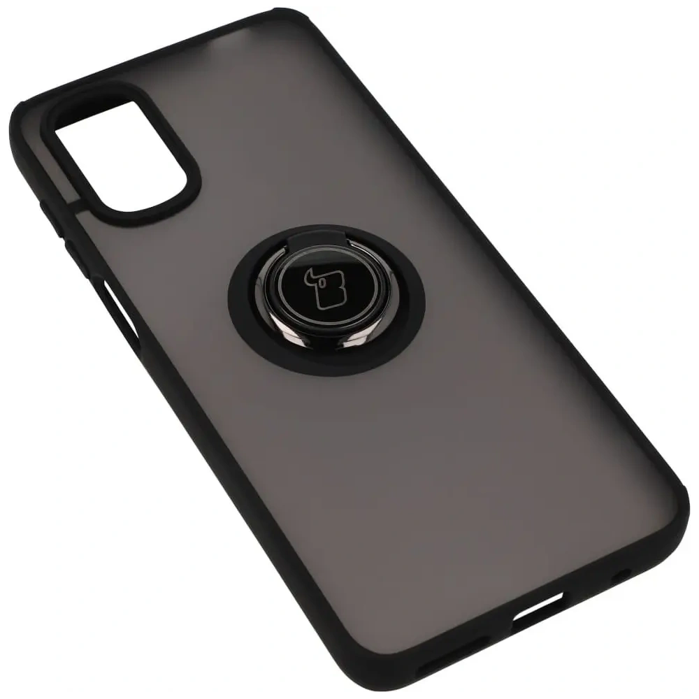 Etui z uchwytem na palec Bizon Case Hybrid Ring do Motorola Moto G22 / E32 / E32s przydymione z czarną ramką