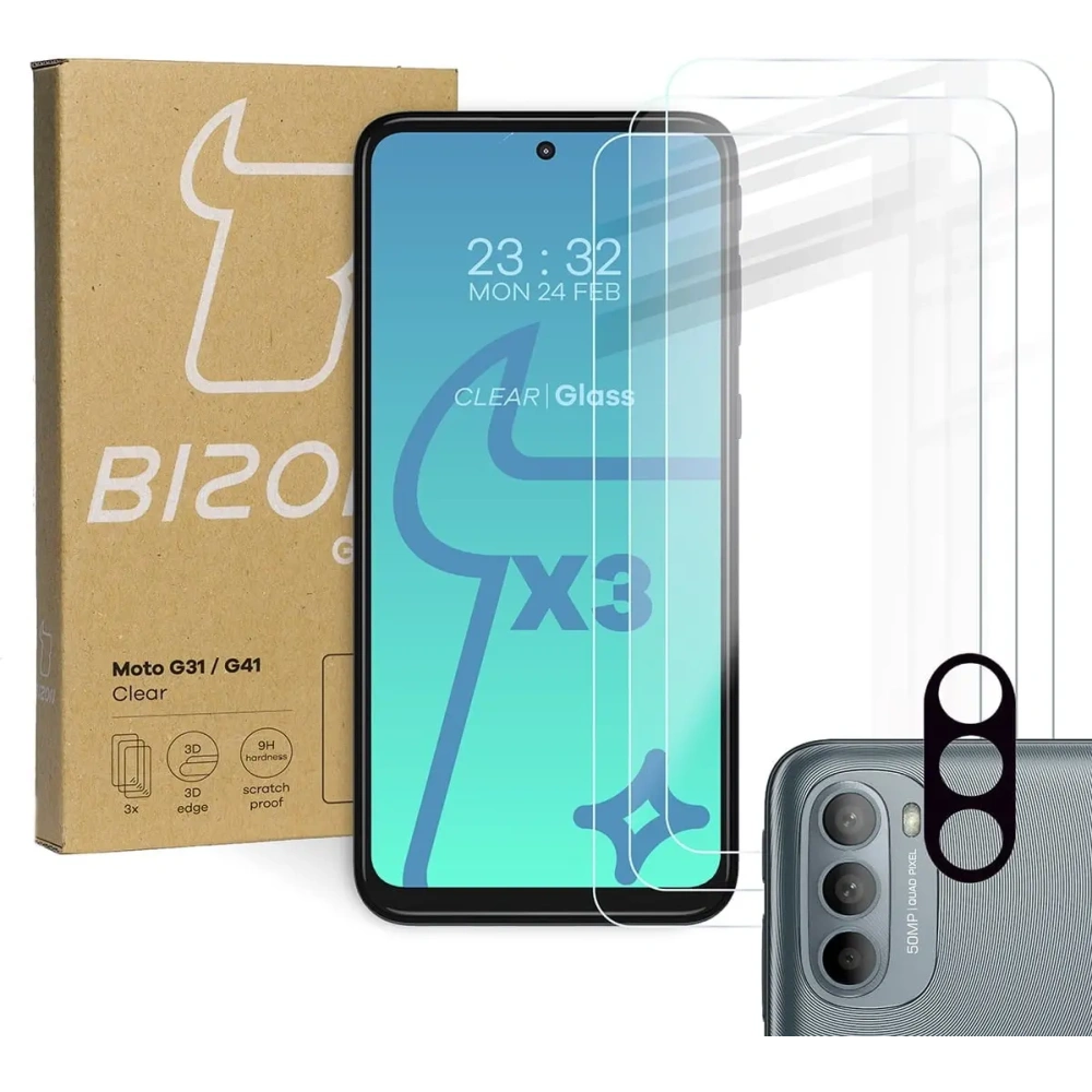 Szkło hartowane Bizon Glass Clear - 3 szt. + obiektyw Moto G31 / G41