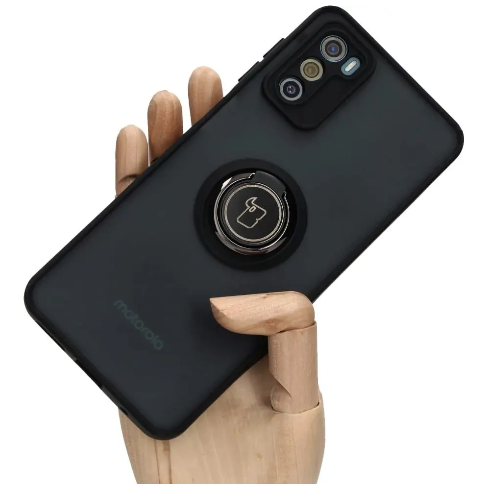 Etui z uchwytem na palec Bizon Case Hybrid Ring do Motorola Moto G42  przydymione z czarną ramką