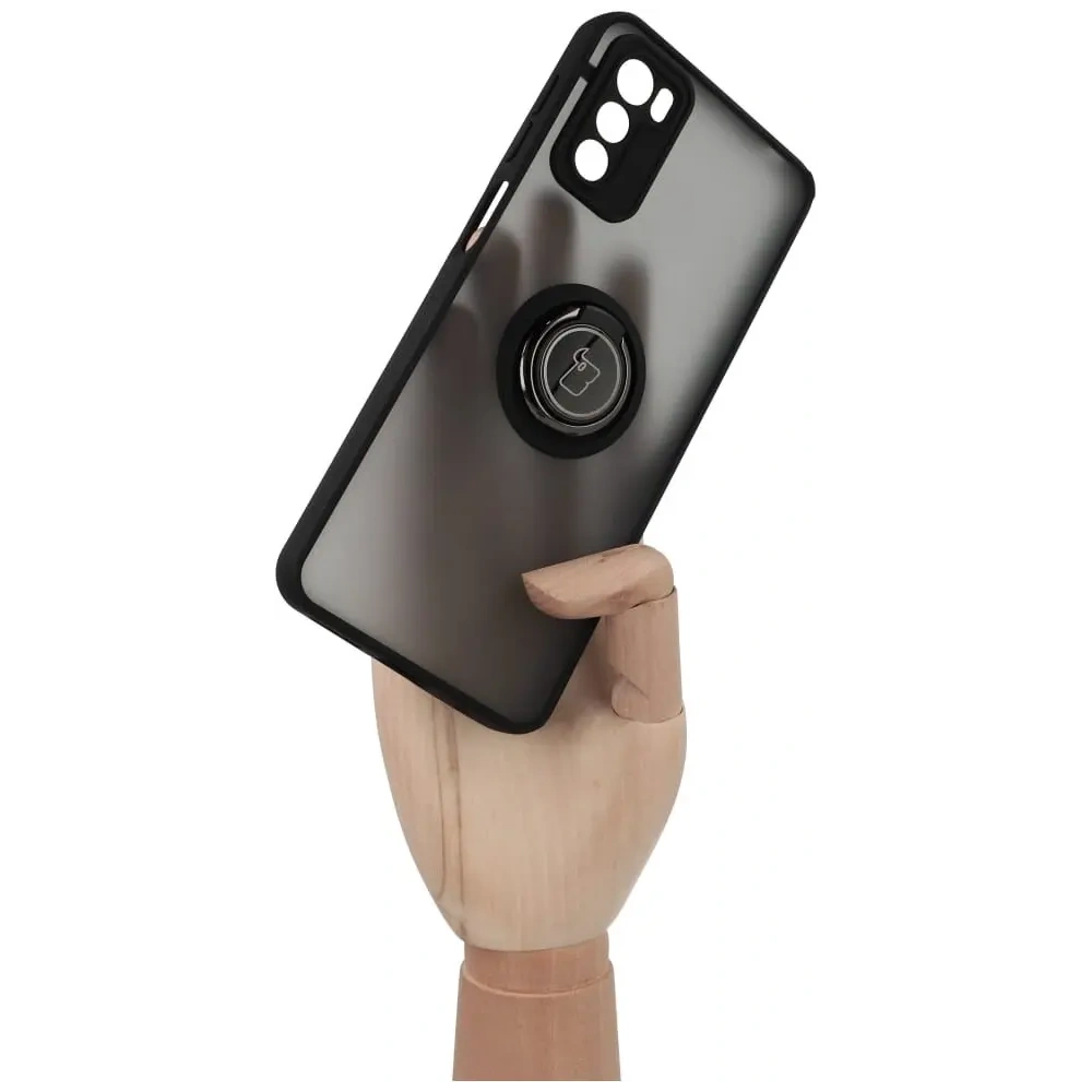 Etui z uchwytem na palec Bizon Case Hybrid Ring do Motorola Moto G42  przydymione z czarną ramką