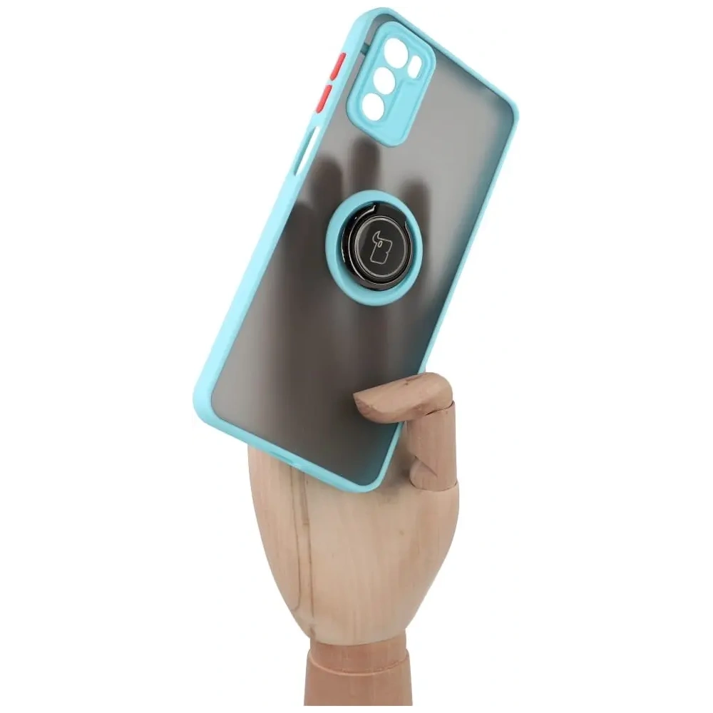 Etui z uchwytem na palec Bizon Case Hybrid Ring do Motorola Moto G42  przydymione z jasnoniebieską ramką