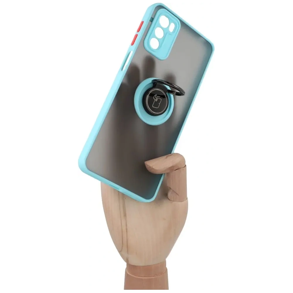 Etui z uchwytem na palec Bizon Case Hybrid Ring do Motorola Moto G42  przydymione z jasnoniebieską ramką