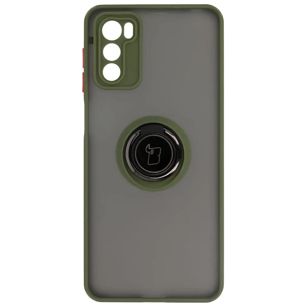 Etui z uchwytem na palec Bizon Case Hybrid Ring do Motorola Moto G42  przydymione z zieloną ramką
