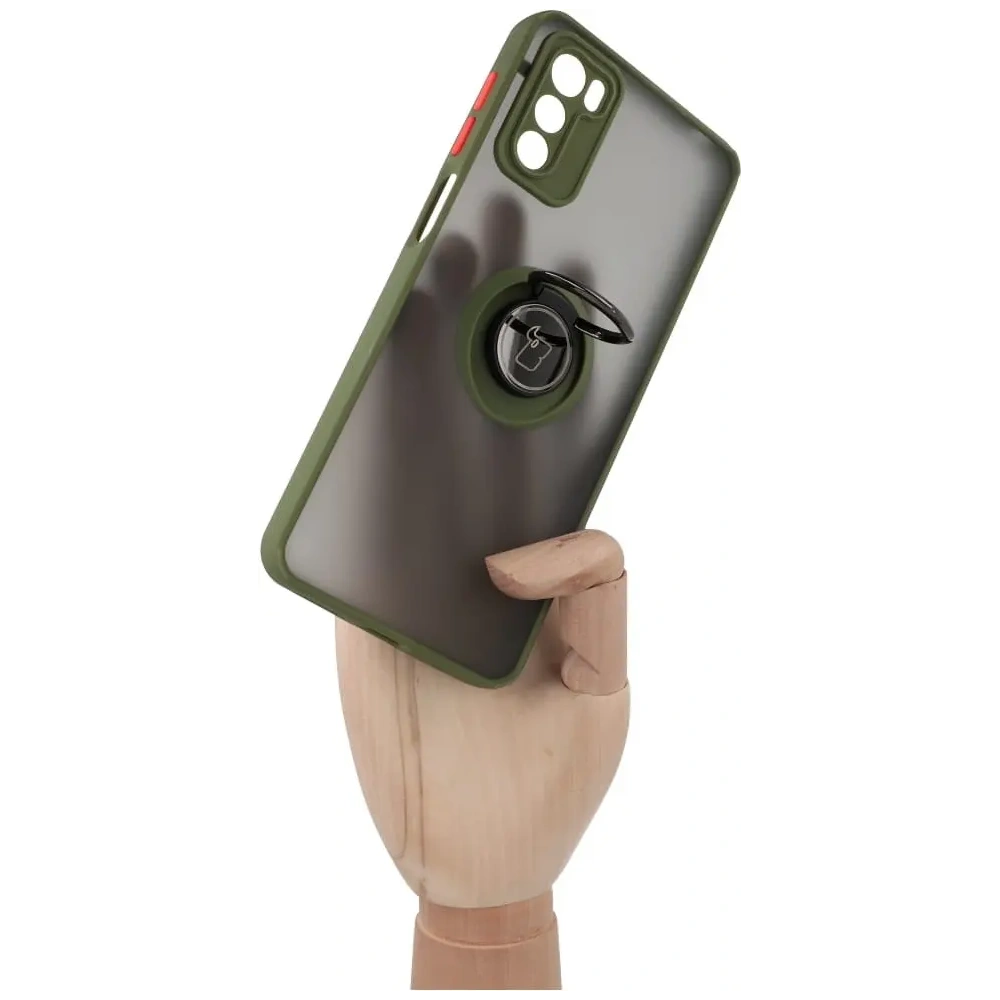 Etui z uchwytem na palec Bizon Case Hybrid Ring do Motorola Moto G42  przydymione z zieloną ramką