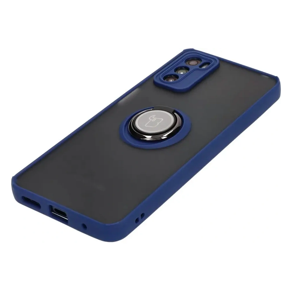 Etui z uchwytem na palec Bizon Case Hybrid Ring do Motorola Moto G42  przydymione z granatową ramką