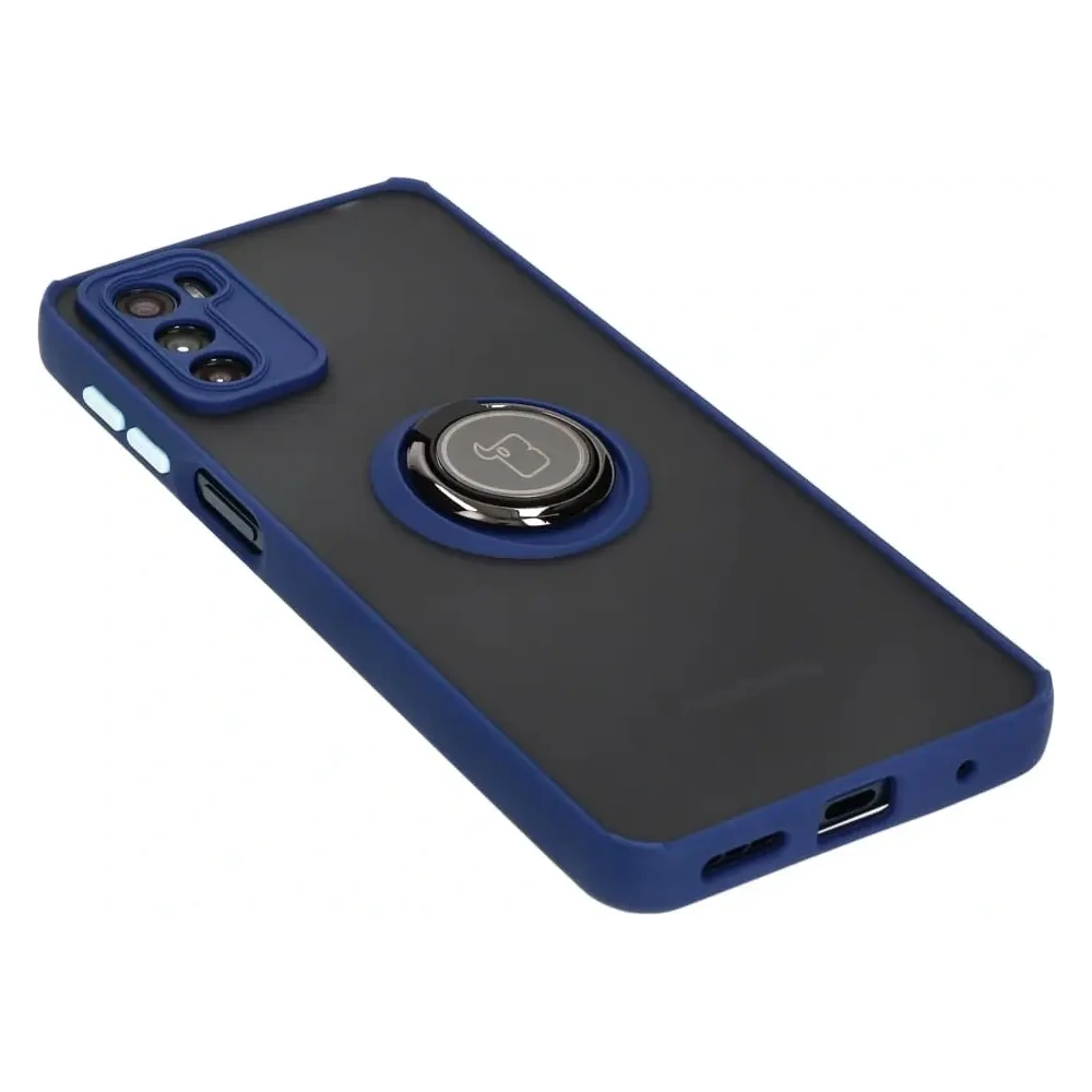 Etui z uchwytem na palec Bizon Case Hybrid Ring do Motorola Moto G42  przydymione z granatową ramką