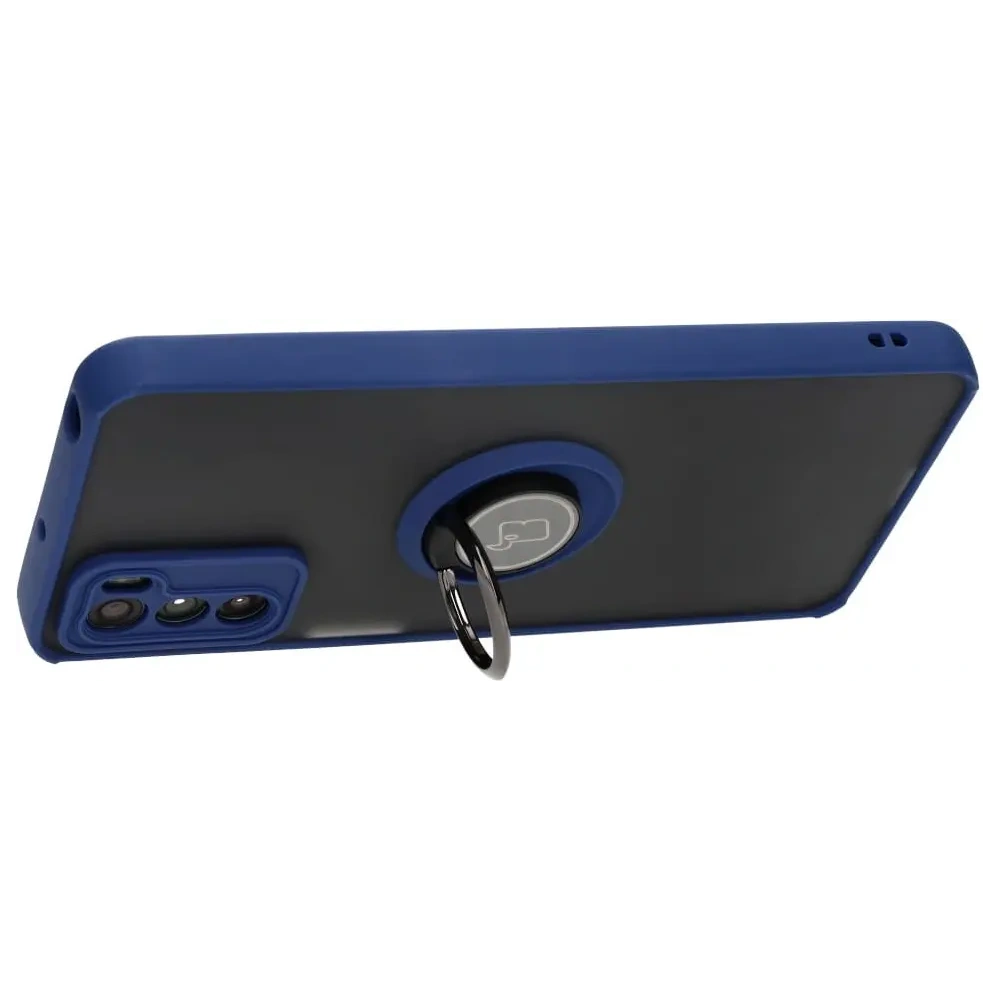 Etui z uchwytem na palec Bizon Case Hybrid Ring do Motorola Moto G42  przydymione z granatową ramką