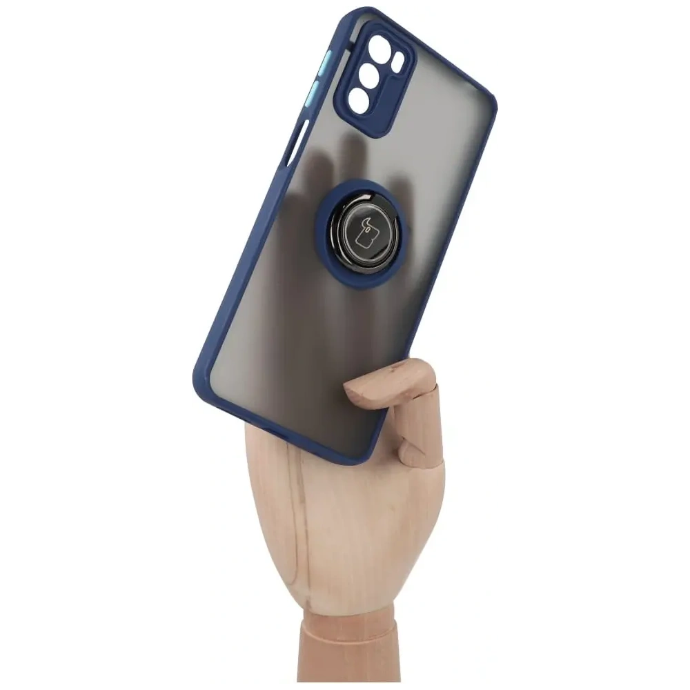 Etui z uchwytem na palec Bizon Case Hybrid Ring do Motorola Moto G42  przydymione z granatową ramką