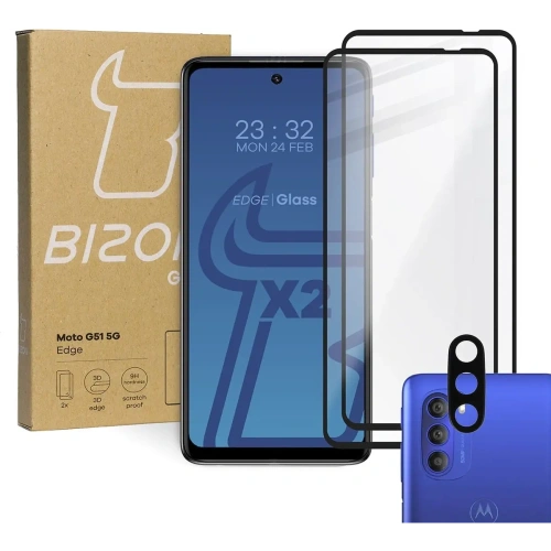 Kup Bizon Glass Edge edzett üveg - [2 Csomag] + lencsevédő Moto G51 5G fekete - BIZ535 - {ean13} - Sklep Home Screen