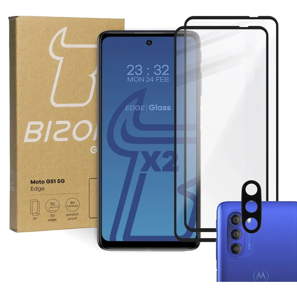Szkło hartowane Bizon Glass Edge - [2 PACK] + ochrona na obiektyw Moto G51 5G