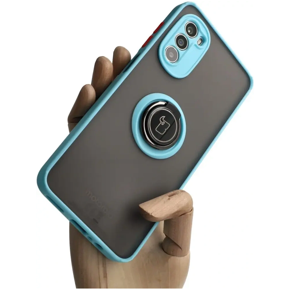 Etui z uchwytem na palec Bizon Case Hybrid Ring do Motorola Moto G52 / G82 przydymione z jasnoniebieską ramką
