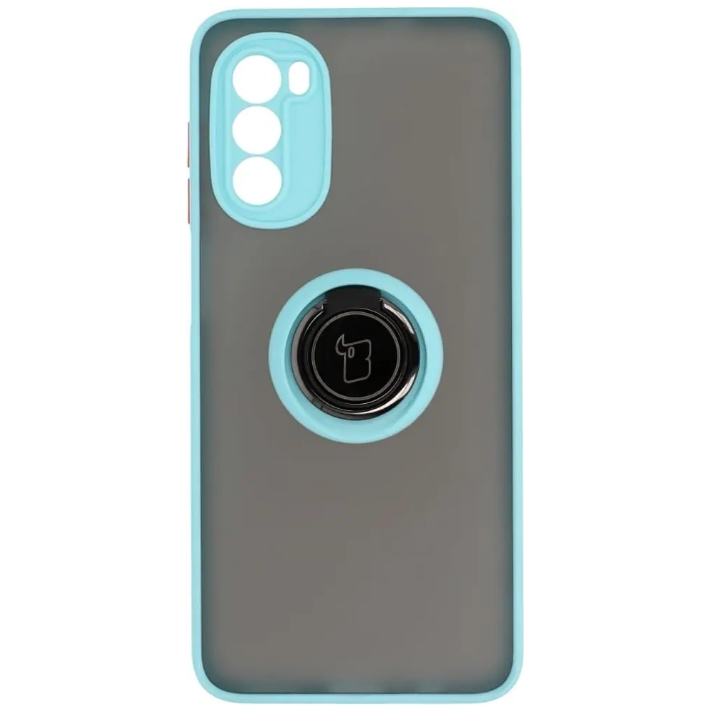 Etui z uchwytem na palec Bizon Case Hybrid Ring do Motorola Moto G52 / G82 przydymione z jasnoniebieską ramką