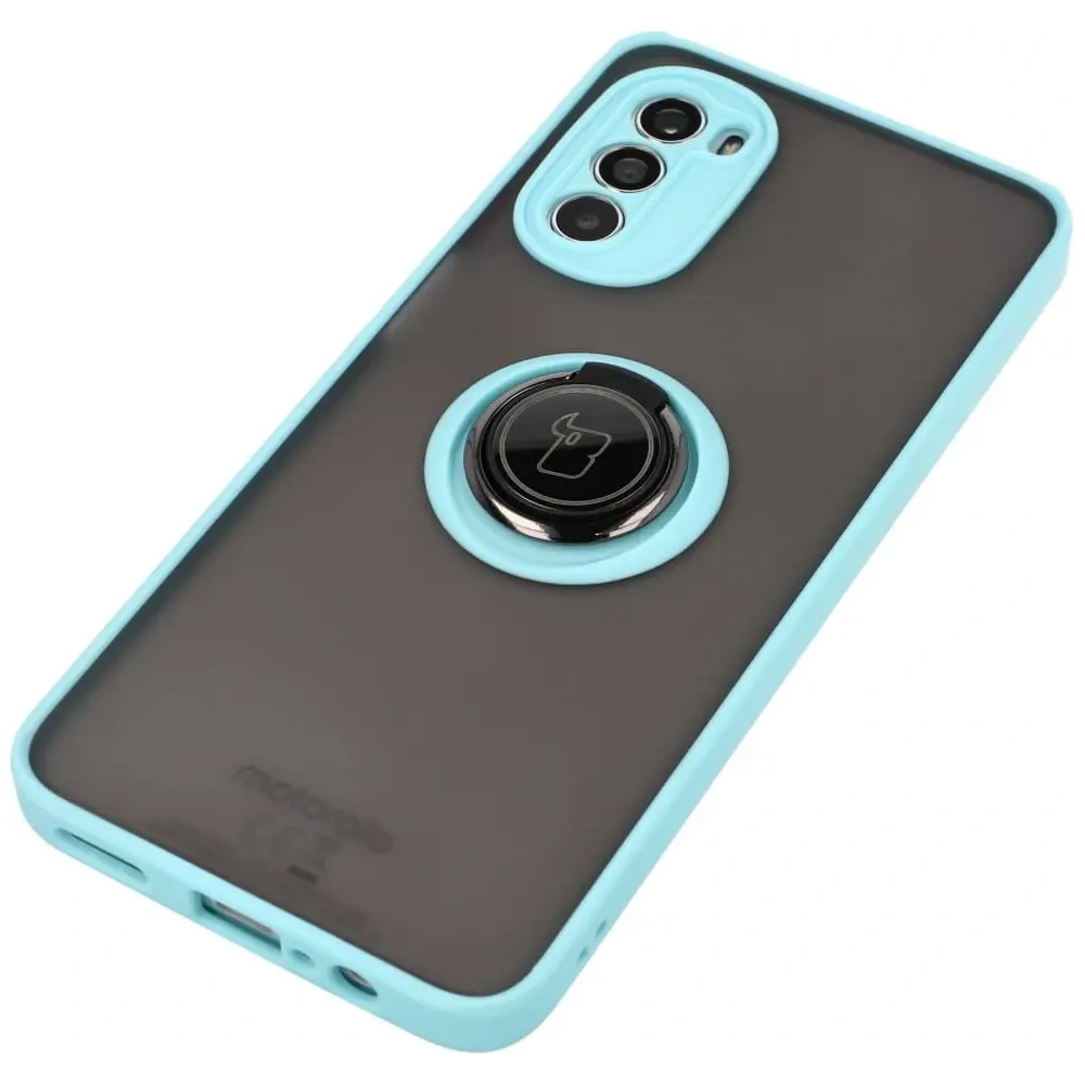 Etui z uchwytem na palec Bizon Case Hybrid Ring do Motorola Moto G52 / G82 przydymione z jasnoniebieską ramką