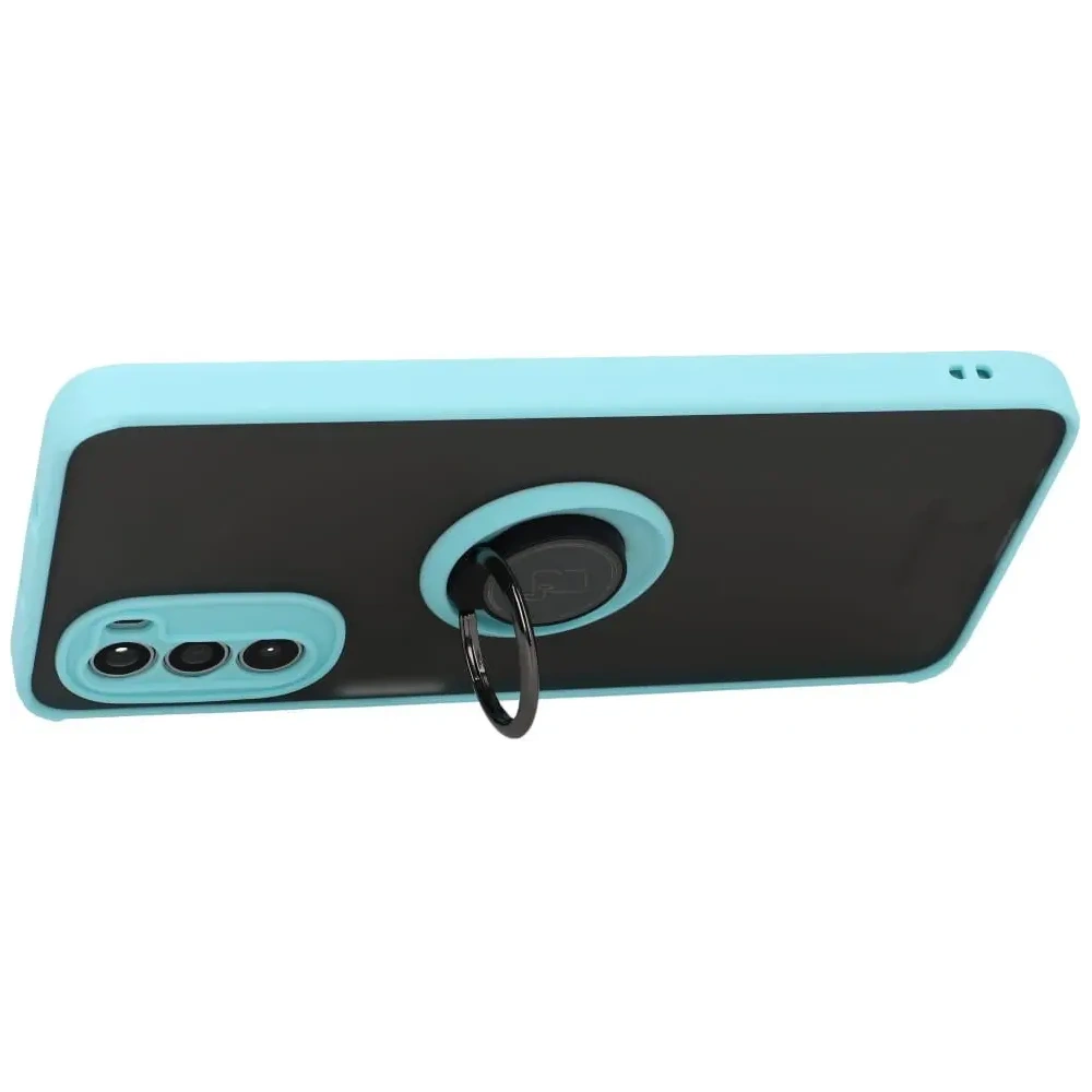 Etui z uchwytem na palec Bizon Case Hybrid Ring do Motorola Moto G52 / G82 przydymione z jasnoniebieską ramką