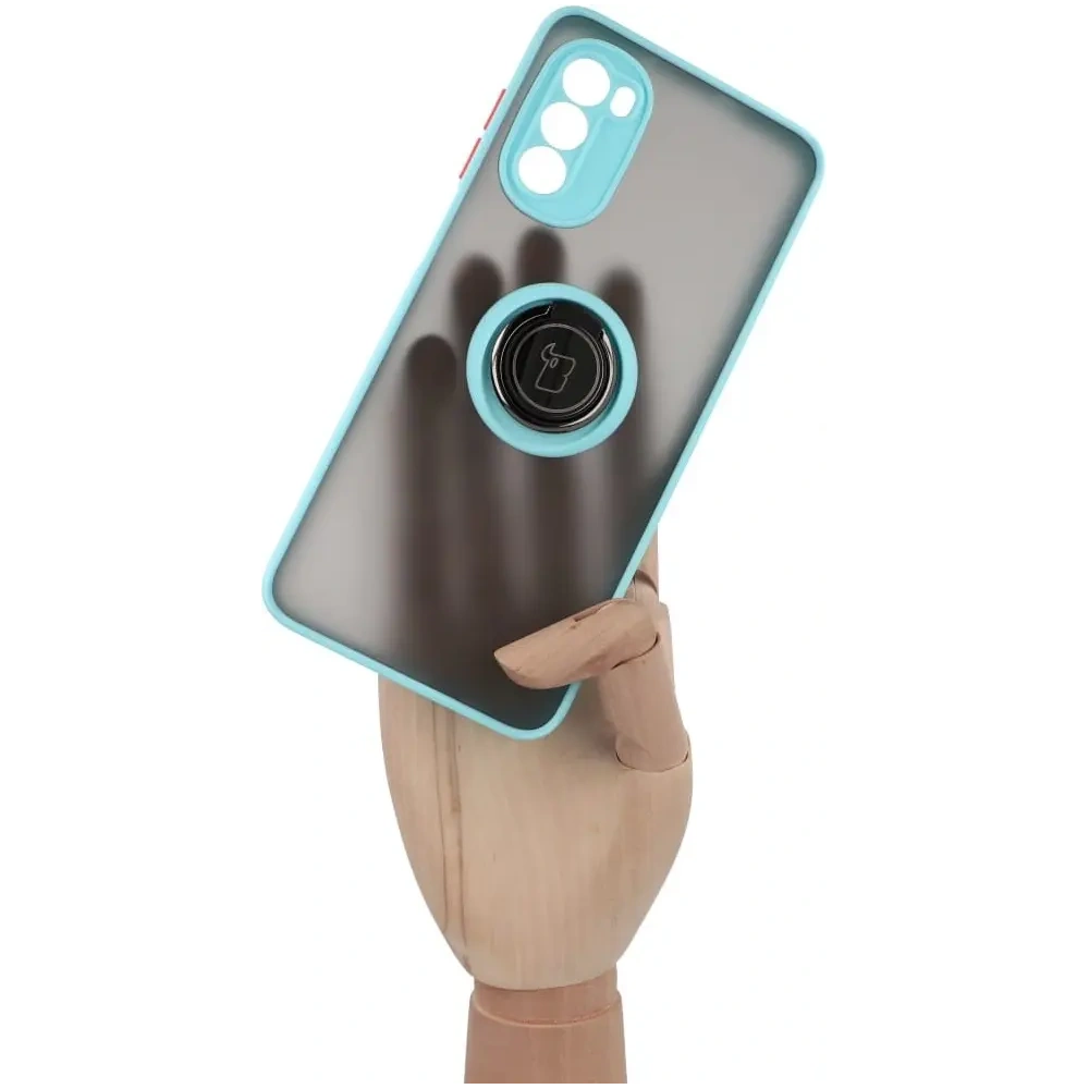 Etui z uchwytem na palec Bizon Case Hybrid Ring do Motorola Moto G52 / G82 przydymione z jasnoniebieską ramką