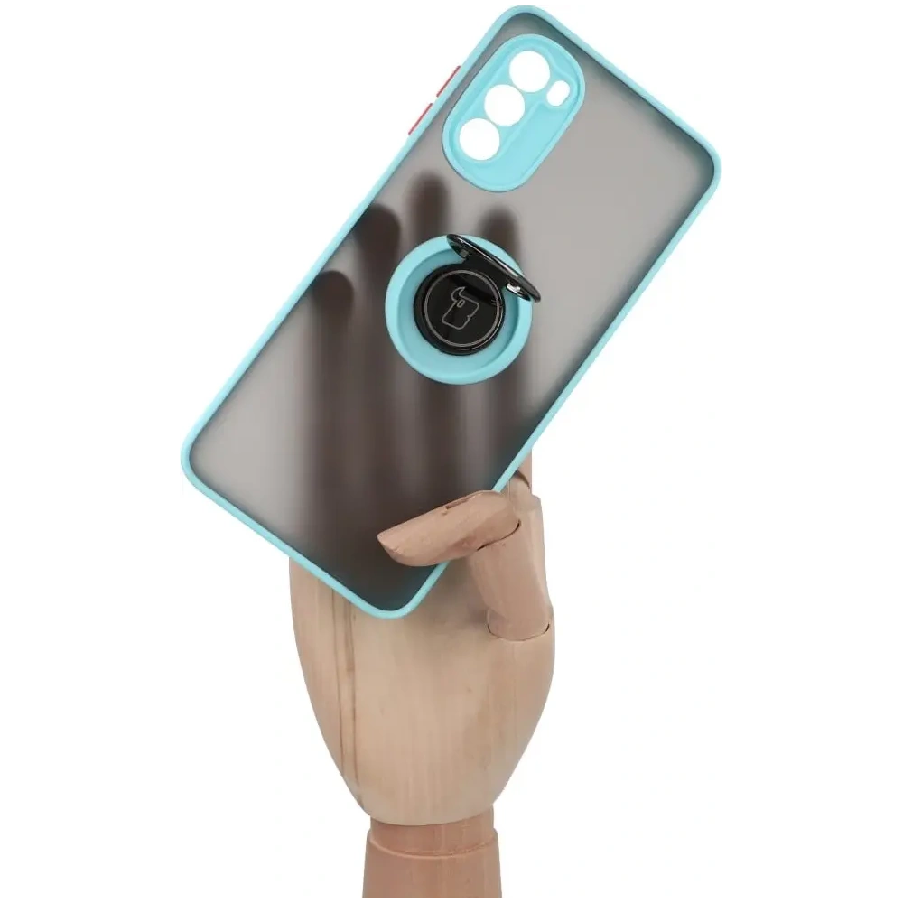 Etui z uchwytem na palec Bizon Case Hybrid Ring do Motorola Moto G52 / G82 przydymione z jasnoniebieską ramką