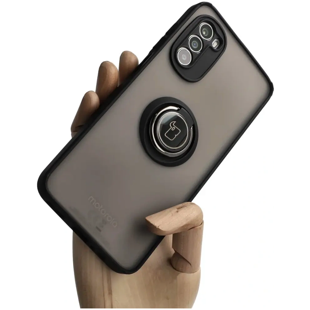 Etui z uchwytem na palec Bizon Case Hybrid Ring do Motorola Moto G52 / G82 przydymione z czarną ramką