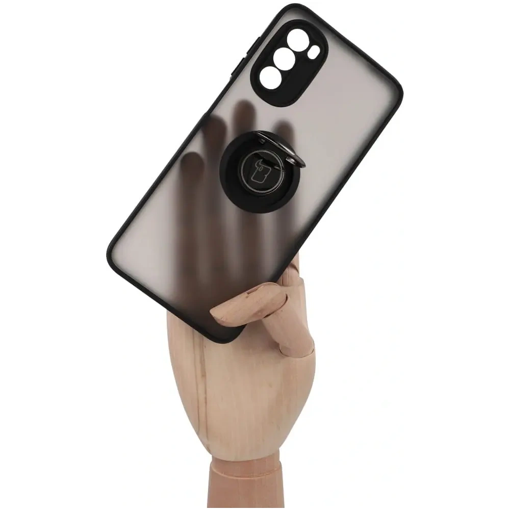 Etui z uchwytem na palec Bizon Case Hybrid Ring do Motorola Moto G52 / G82 przydymione z czarną ramką