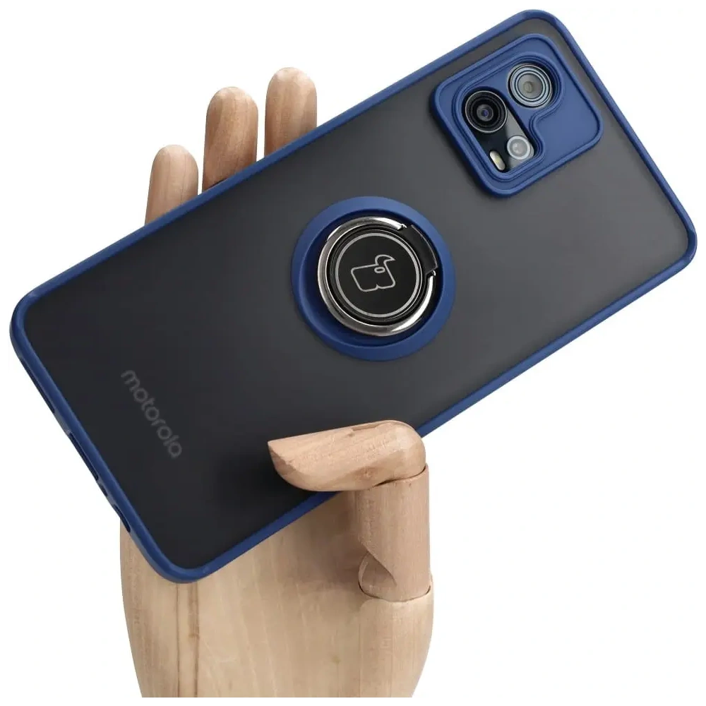 Etui z uchwytem na palec Bizon Case Hybrid Ring do Motorola Moto G72 przydymione z granatową ramką