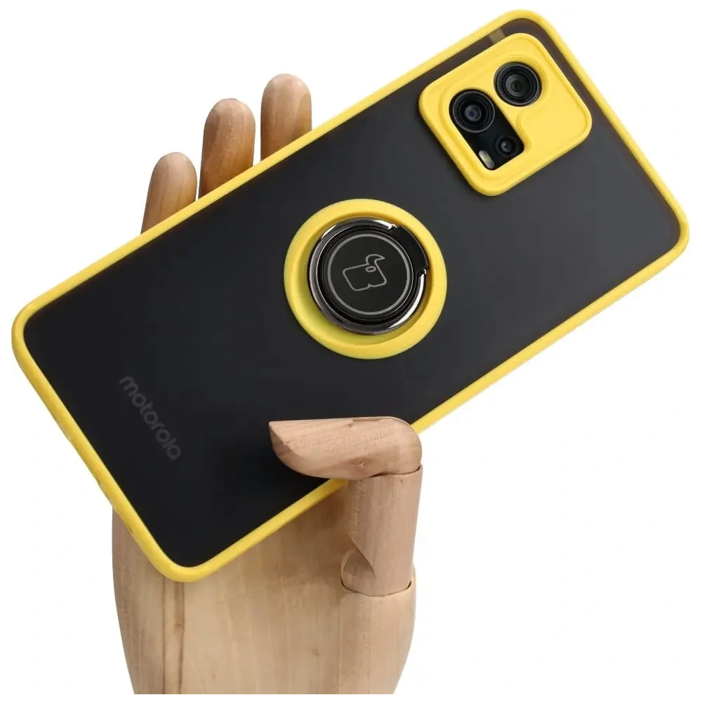 Etui z uchwytem na palec Bizon Case Hybrid Ring do Motorola Moto G72 przydymione z żółtą ramką