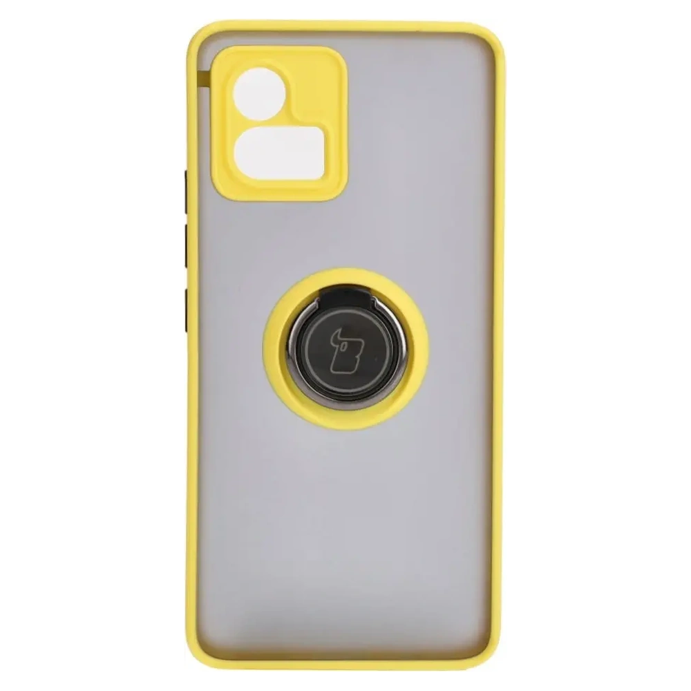 Etui z uchwytem na palec Bizon Case Hybrid Ring do Motorola Moto G72 przydymione z żółtą ramką