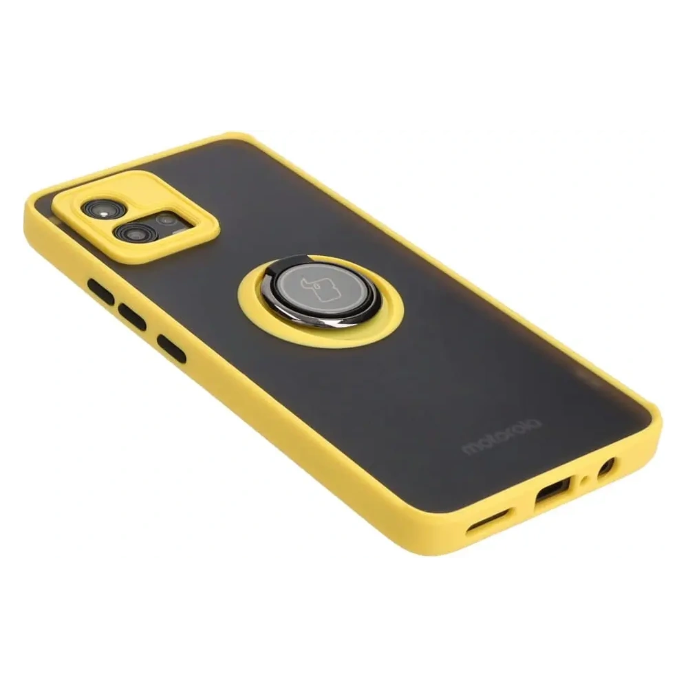 Etui z uchwytem na palec Bizon Case Hybrid Ring do Motorola Moto G72 przydymione z żółtą ramką