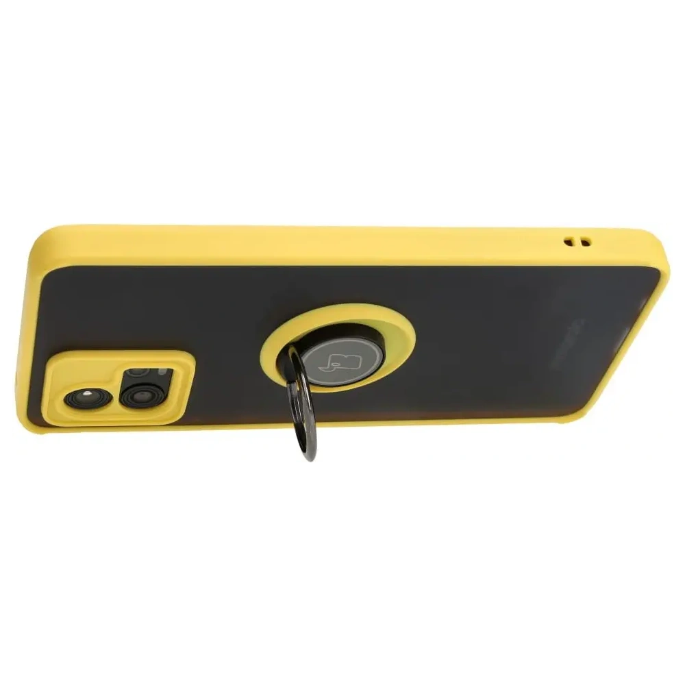 Etui z uchwytem na palec Bizon Case Hybrid Ring do Motorola Moto G72 przydymione z żółtą ramką