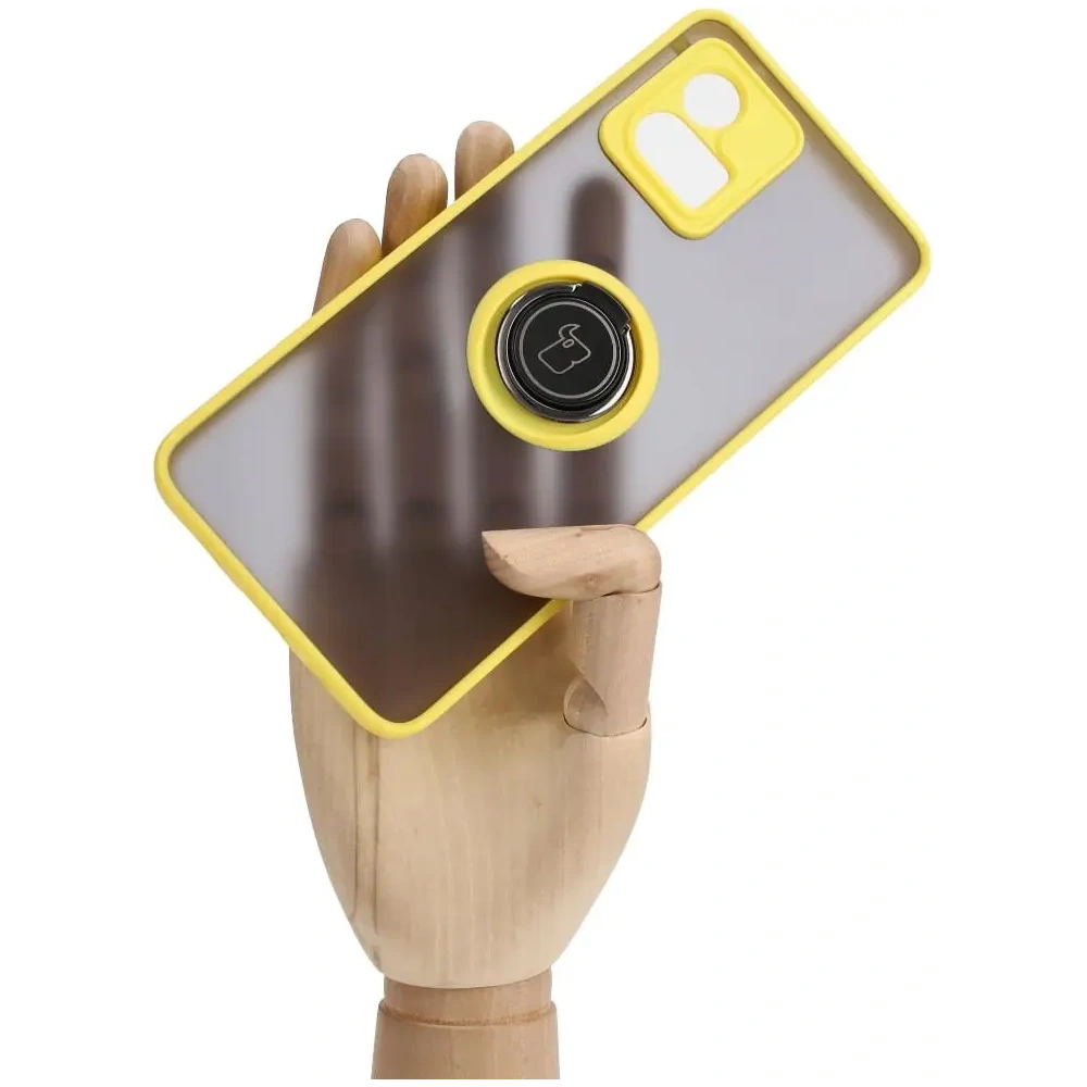 Etui z uchwytem na palec Bizon Case Hybrid Ring do Motorola Moto G72 przydymione z żółtą ramką