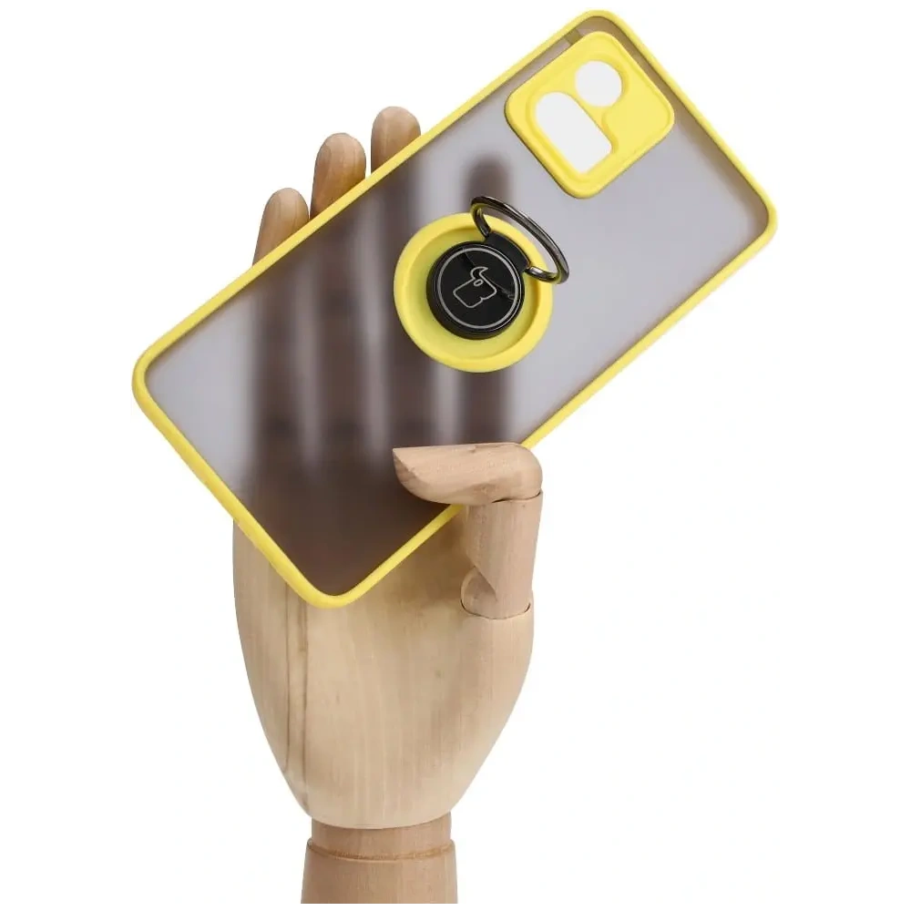Etui z uchwytem na palec Bizon Case Hybrid Ring do Motorola Moto G72 przydymione z żółtą ramką