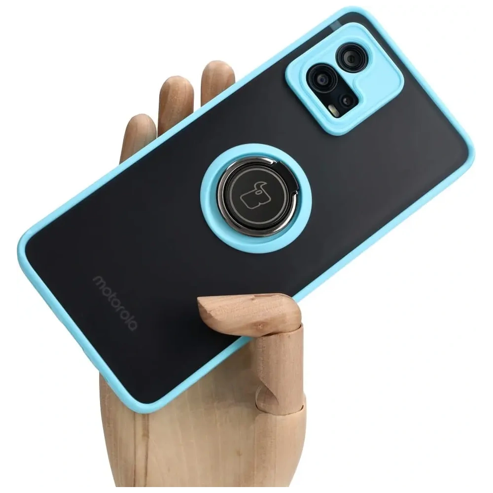 Etui z uchwytem na palec Bizon Case Hybrid Ring do Motorola Moto G72 przydymione z jasnoniebieską ramką