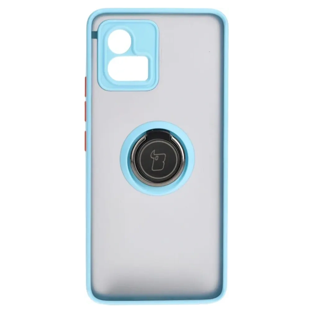 Etui z uchwytem na palec Bizon Case Hybrid Ring do Motorola Moto G72 przydymione z jasnoniebieską ramką