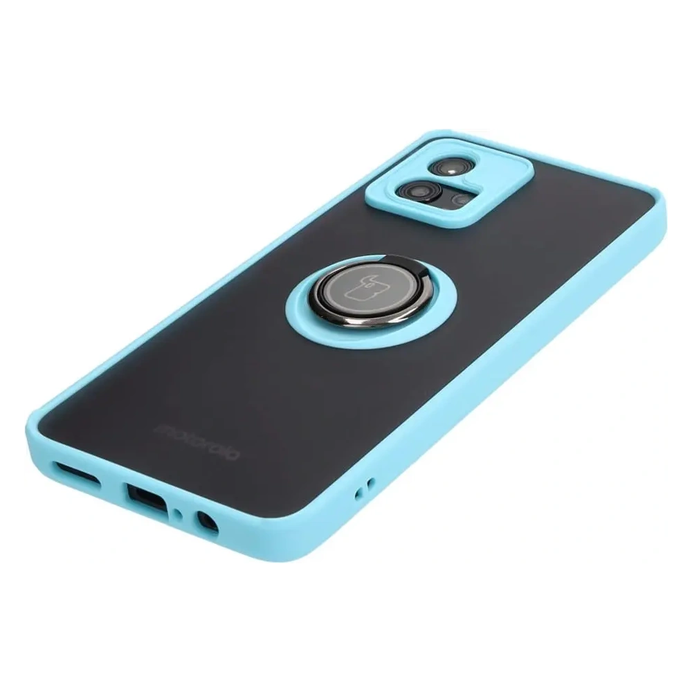 Etui z uchwytem na palec Bizon Case Hybrid Ring do Motorola Moto G72 przydymione z jasnoniebieską ramką