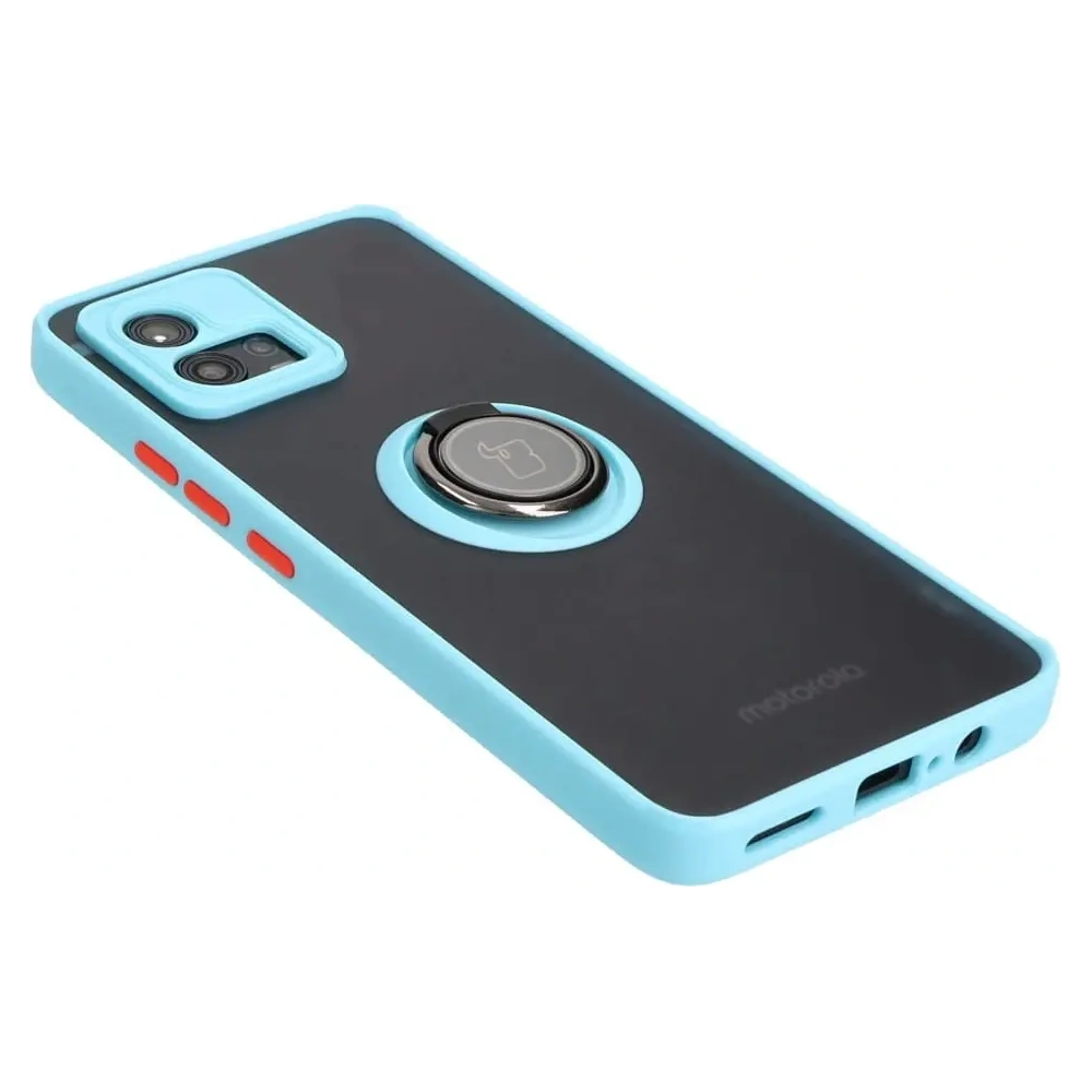 Etui z uchwytem na palec Bizon Case Hybrid Ring do Motorola Moto G72 przydymione z jasnoniebieską ramką