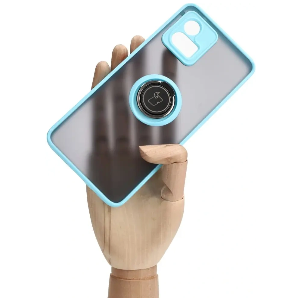 Etui z uchwytem na palec Bizon Case Hybrid Ring do Motorola Moto G72 przydymione z jasnoniebieską ramką