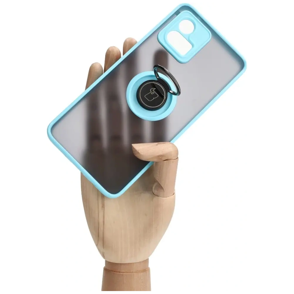 Etui z uchwytem na palec Bizon Case Hybrid Ring do Motorola Moto G72 przydymione z jasnoniebieską ramką