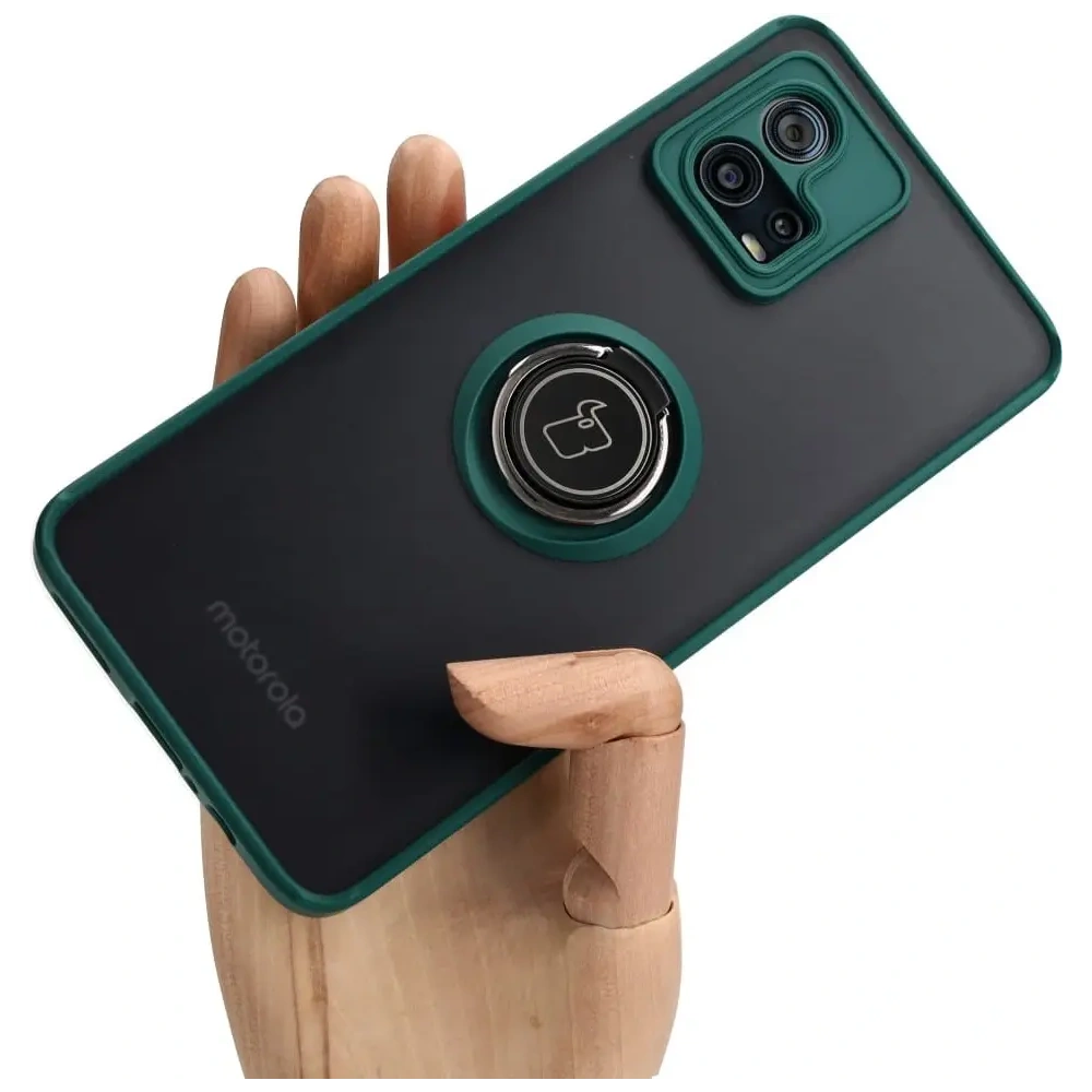 Etui z uchwytem na palec Bizon Case Hybrid Ring do Motorola Moto G72 przydymione z ciemnozieloną ramką