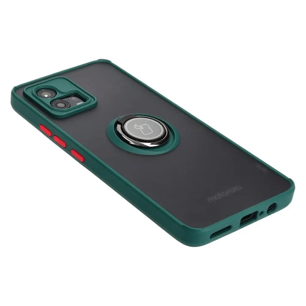 Etui z uchwytem na palec Bizon Case Hybrid Ring do Motorola Moto G72 przydymione z ciemnozieloną ramką