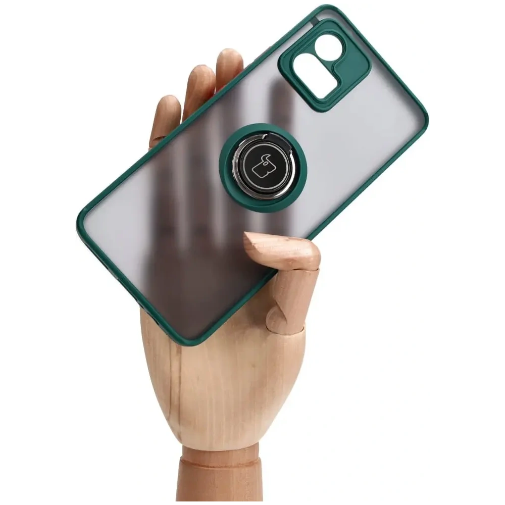 Etui z uchwytem na palec Bizon Case Hybrid Ring do Motorola Moto G72 przydymione z ciemnozieloną ramką