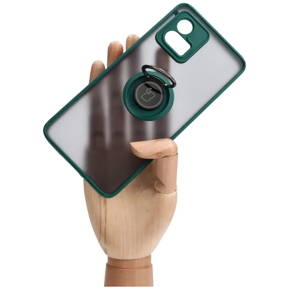 Etui z uchwytem na palec Bizon Case Hybrid Ring do Motorola Moto G72 przydymione z ciemnozieloną ramką
