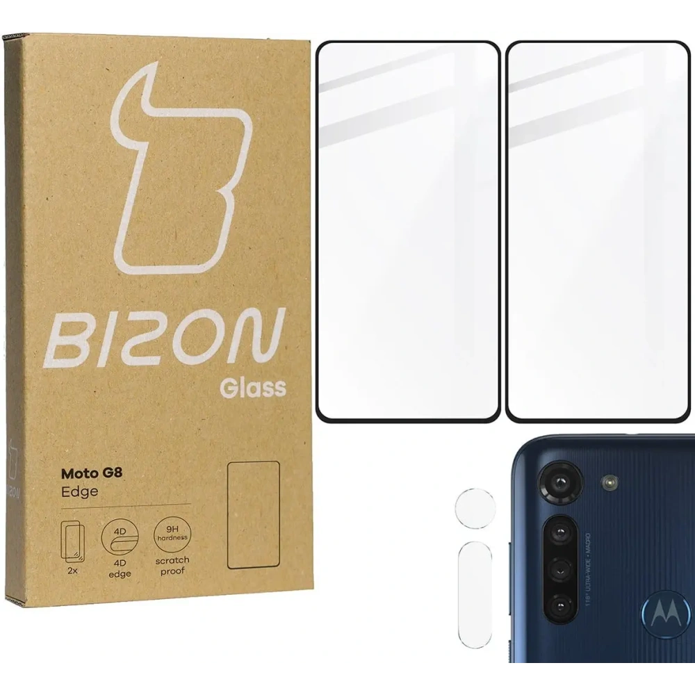 Szkło hartowane Bizon Glass Edge - [2 PACK] + ochrona na obiektyw Moto G8 czarne