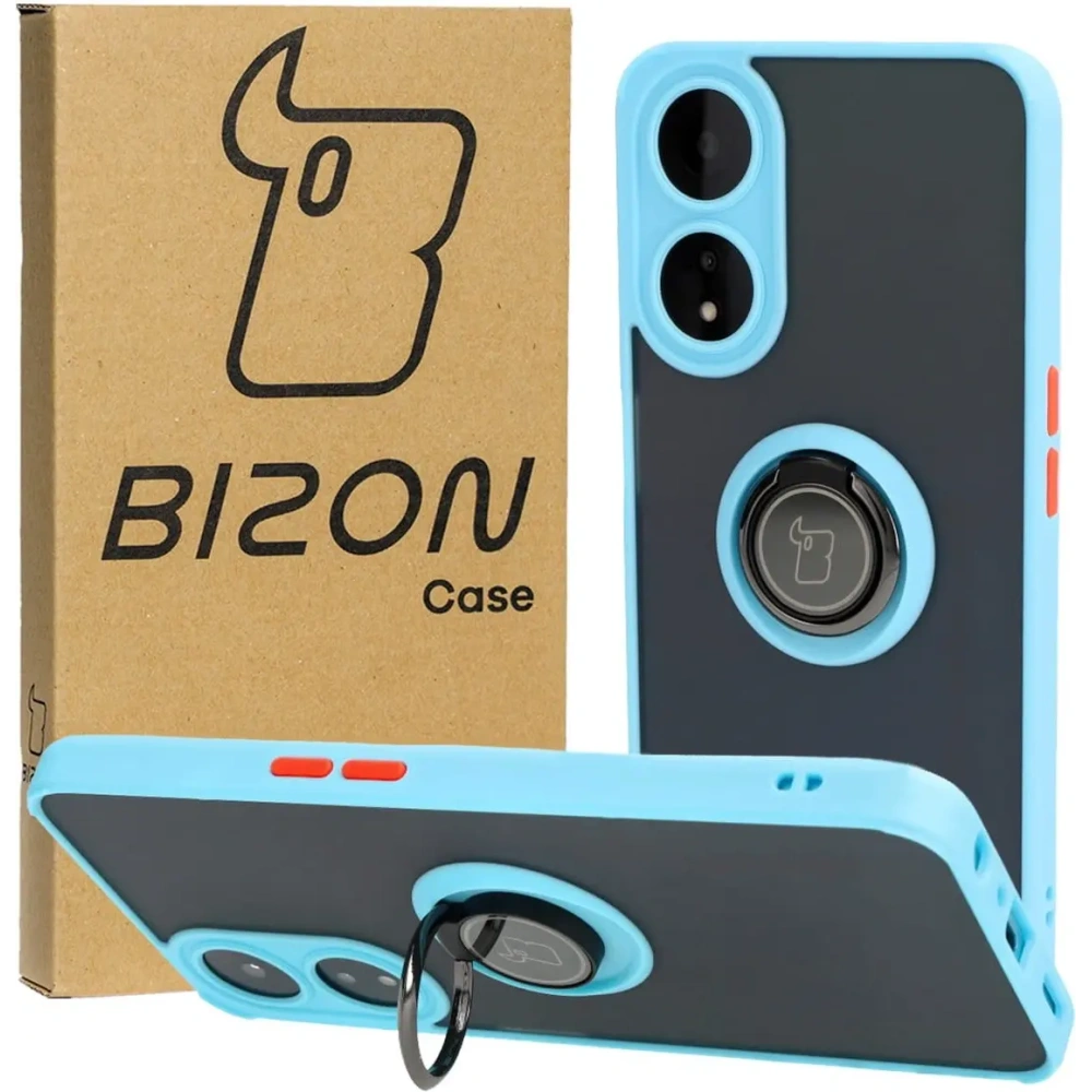 Etui z uchwytem na palec Bizon Case Hybrid Ring do Oppo A78 5G przydymione z jasnoniebieską ramką